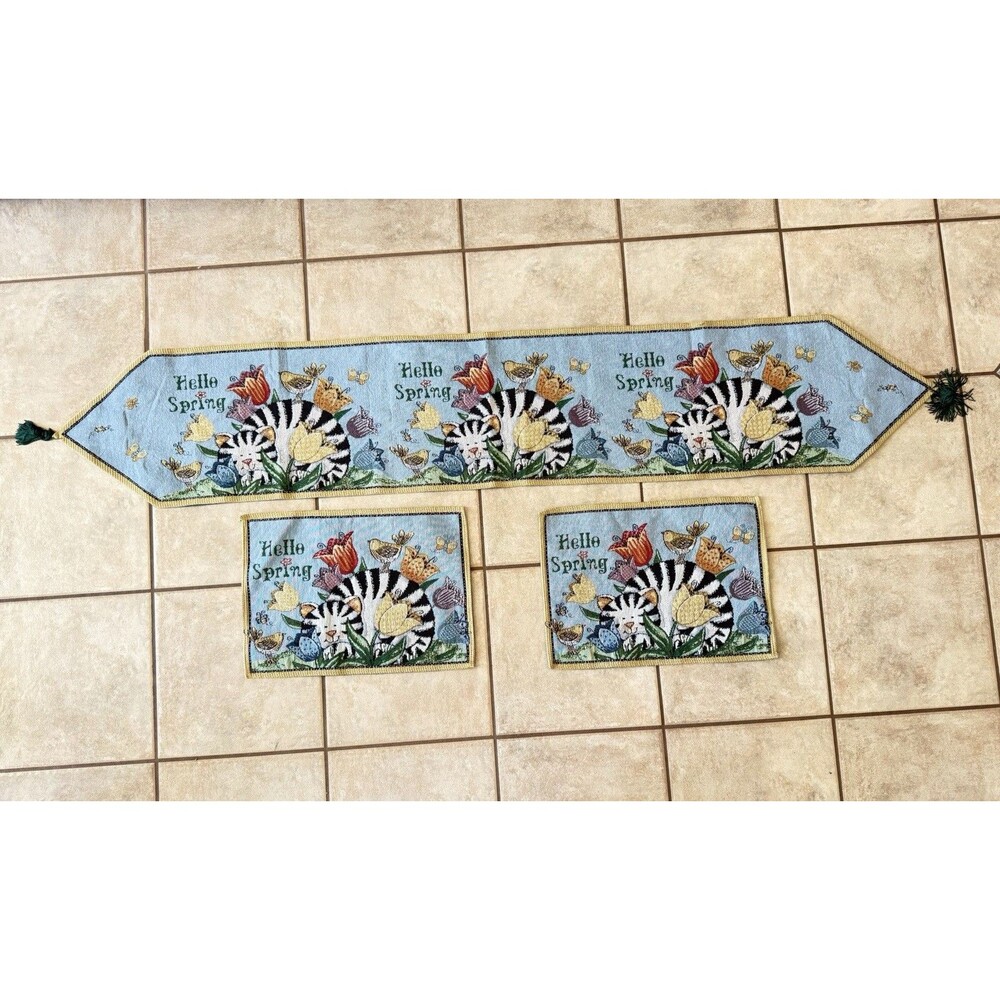 Springtime Cat Butterfly Bird Floral Tapestry Long Table Runner And 2 Placemats